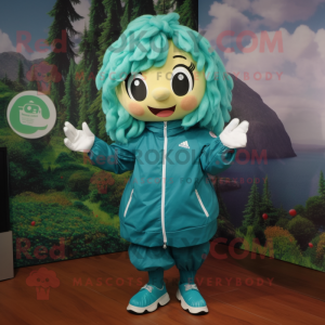 Teal Cherry mascot costume character dressed with a Windbreaker and Hair clips