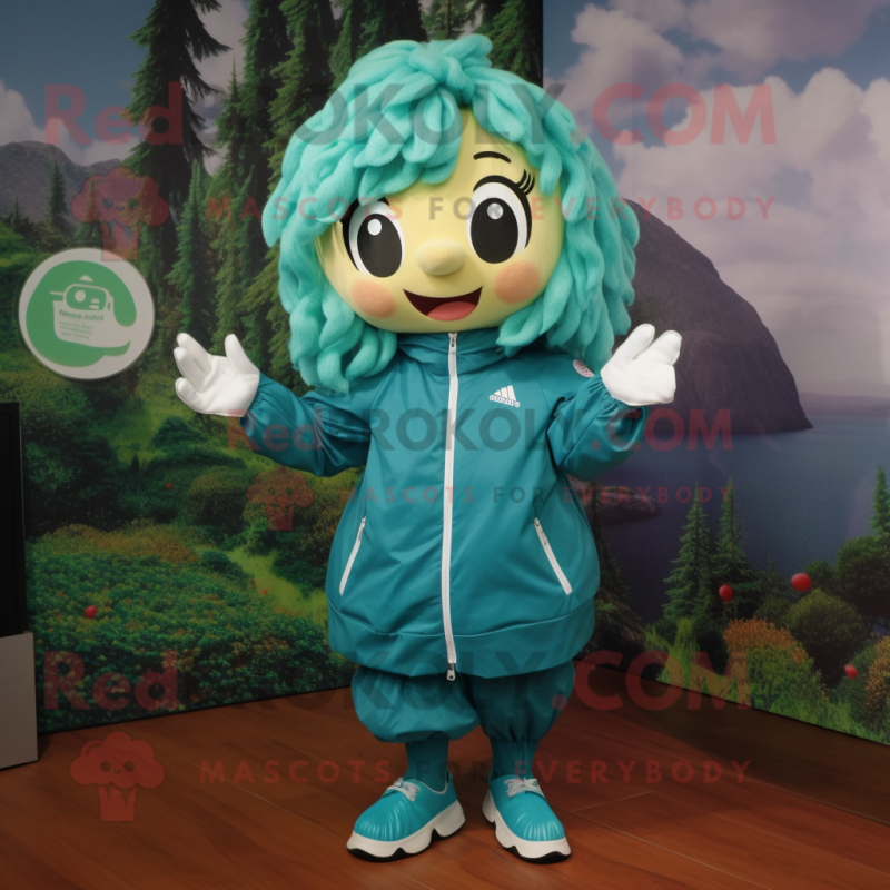 Teal Cherry mascot costume character dressed with a Windbreaker and Hair clips Teal Cherry mascot costume character dressed with a Windbreaker and Hair clips
