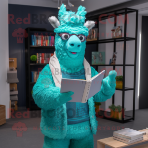 Cyan Llama mascot costume character dressed with a Sweater and Reading glasses