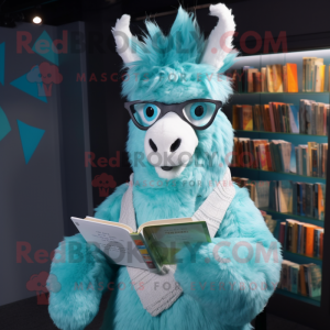 Cyan Llama mascot costume character dressed with a Sweater and Reading glasses