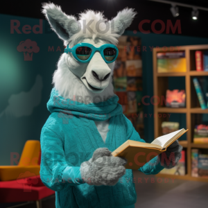 Cyan Llama mascot costume character dressed with a Sweater and Reading glasses