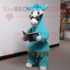 Cyan Llama mascot costume character dressed with a Sweater and Reading glasses