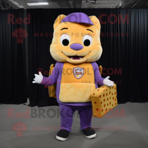 Lavender Grilled Cheese Sandwich mascot costume character dressed with a Parka and Messenger bags