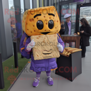 Lavender Grilled Cheese Sandwich mascot costume character dressed with a Parka and Messenger bags