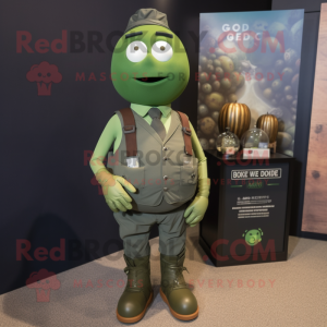 Olive Grenade mascot costume character dressed with a Graphic Tee and Tie pins