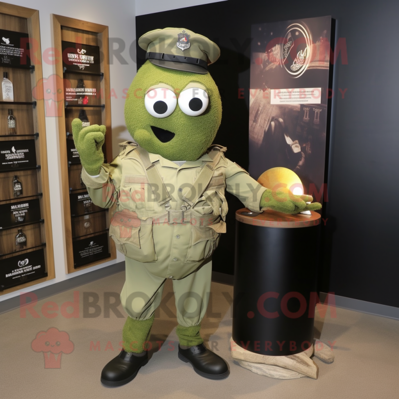 Olive Grenade mascot costume character dressed with a Graphic Tee and Tie pins