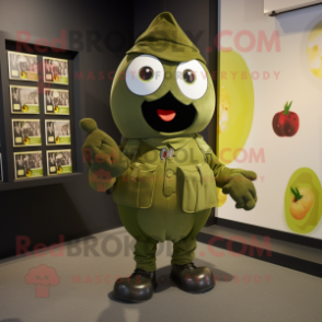 Olive Grenade mascot costume character dressed with a Graphic Tee and Tie pins