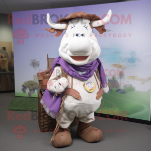 Lavender Hereford Cow mascot costume character dressed with a Cargo Pants and Shawls