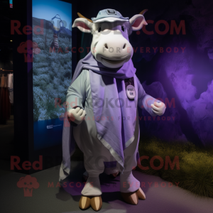 Lavender Hereford Cow mascot costume character dressed with a Cargo Pants and Shawls
