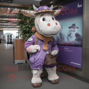 Lavender Hereford Cow mascot costume character dressed with a Cargo Pants and Shawls