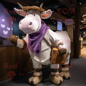 Lavender Hereford Cow mascot costume character dressed with a Cargo Pants and Shawls