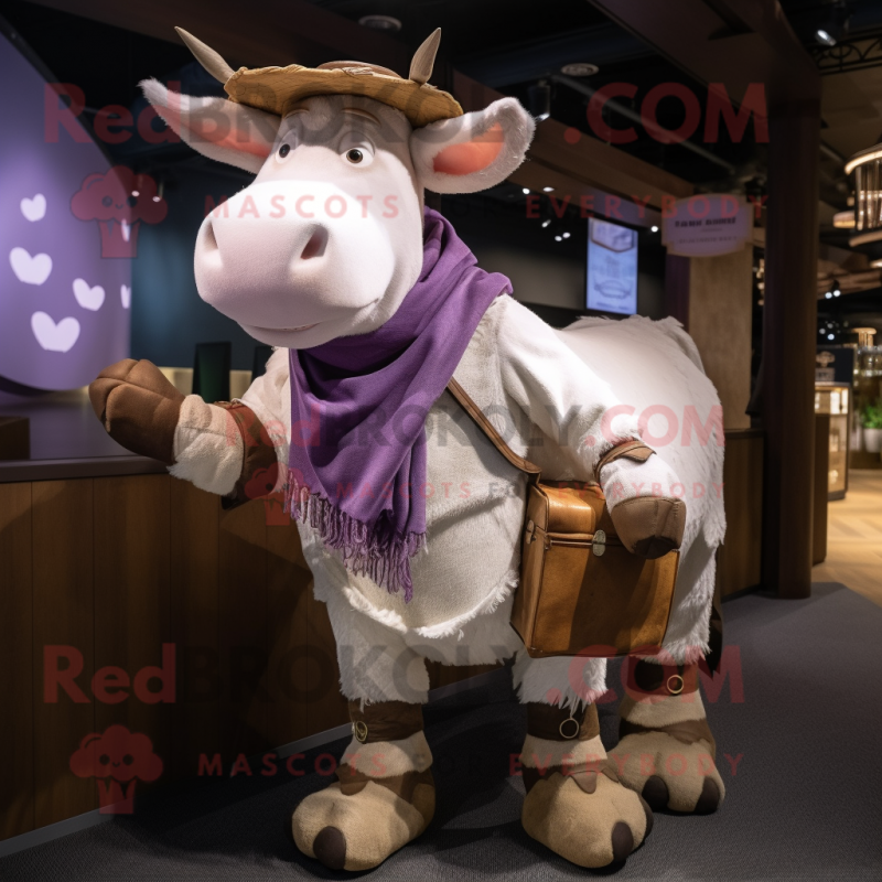 Lavender Hereford Cow mascot costume character dressed with a Cargo Pants and Shawls Lavender Hereford Cow mascot costume character dressed with a Cargo Pants and Shawls
