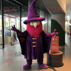 Magenta Witch'S Hat mascot costume character dressed with a Corduroy Pants and Shawls