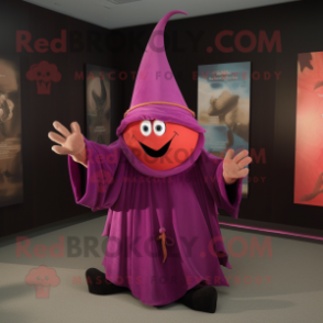 Magenta Witch'S Hat mascot costume character dressed with a Corduroy Pants and Shawls