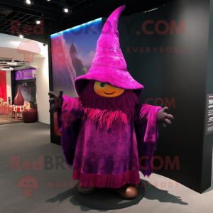 Magenta Witch'S Hat mascot costume character dressed with a Corduroy Pants and Shawls