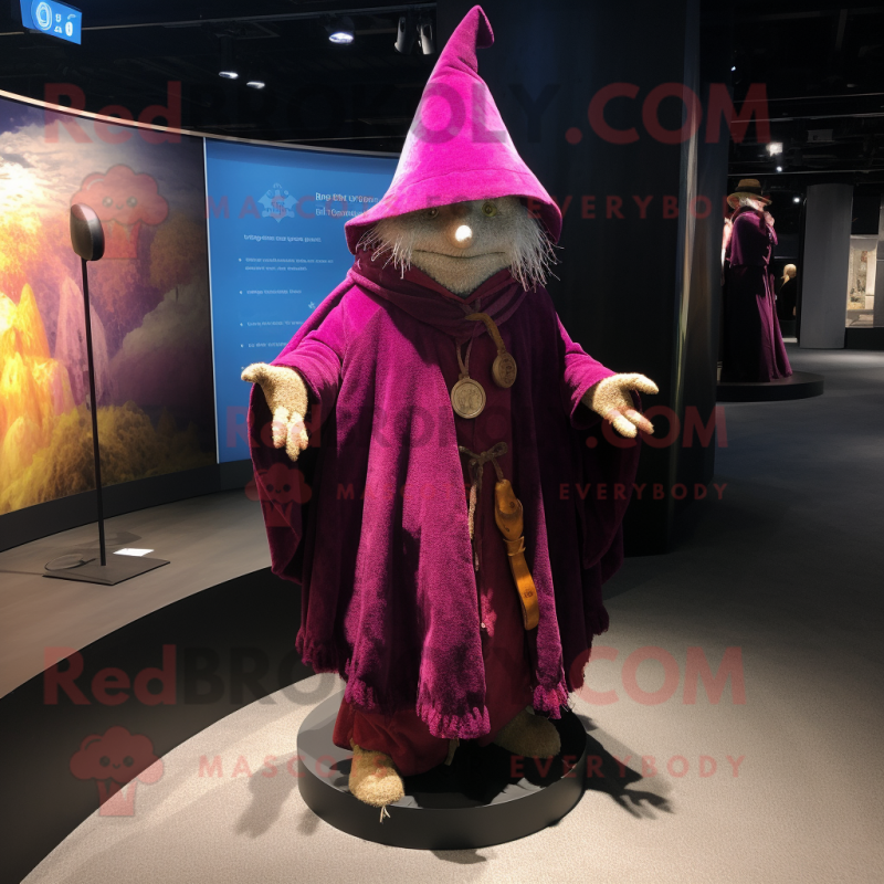 Magenta Witch'S Hat mascot costume character dressed with a Corduroy Pants and Shawls