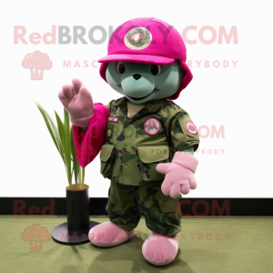 Magenta Green Beret mascot costume character dressed with a Baseball Tee and Coin purses