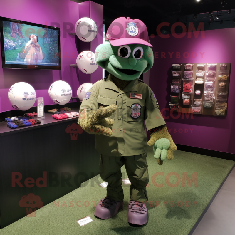 Magenta Green Beret mascot costume character dressed with a Baseball Tee and Coin purses