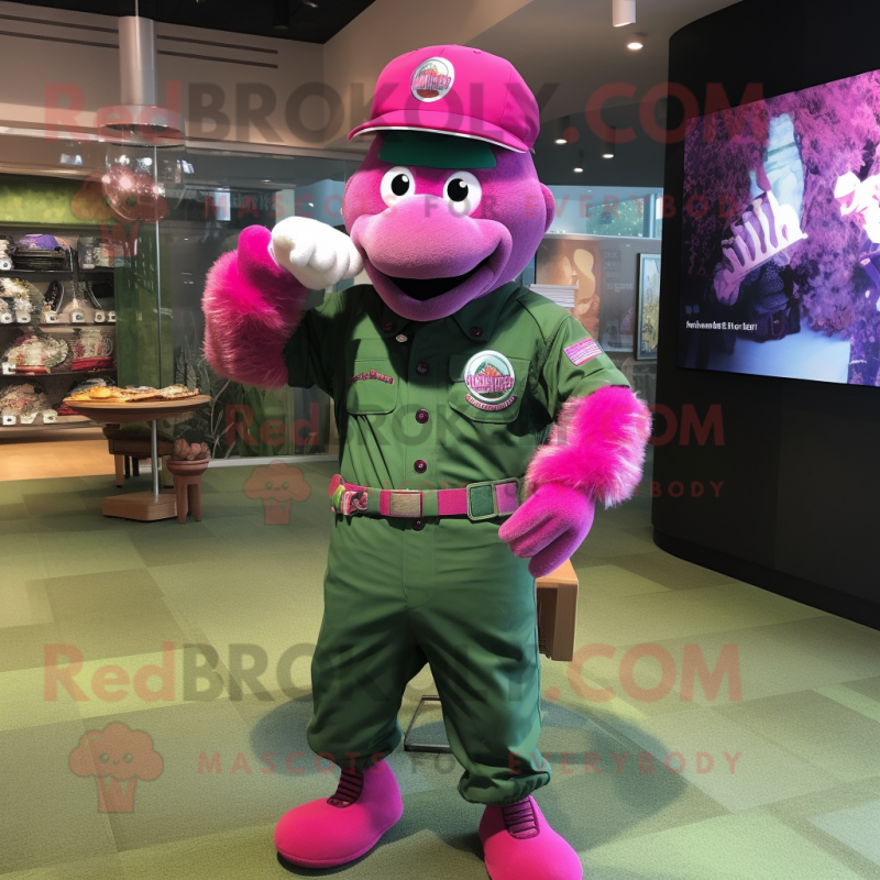 Magenta Green Beret mascot costume character dressed with a Baseball Tee and Coin purses