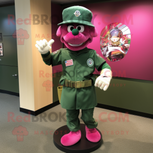 Magenta Green Beret mascot costume character dressed with a Baseball Tee and Coin purses