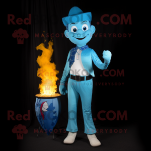 Sky Blue Fire Eater mascot costume character dressed with a Cargo Pants and Pocket squares