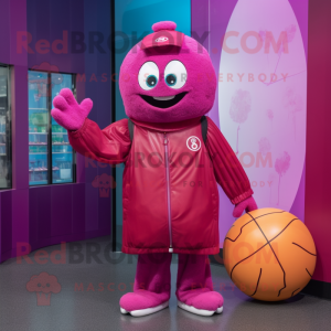 Magenta Basketball Ball mascot costume character dressed with a Raincoat and Coin purses