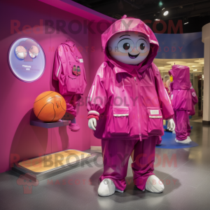 Magenta Basketball Ball mascot costume character dressed with a Raincoat and Coin purses