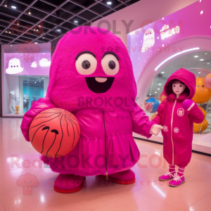 Magenta Basketball Ball mascot costume character dressed with a Raincoat and Coin purses