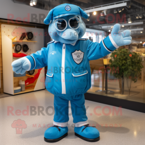 Sky Blue Goulash mascot costume character dressed with a Bomber Jacket and Cufflinks