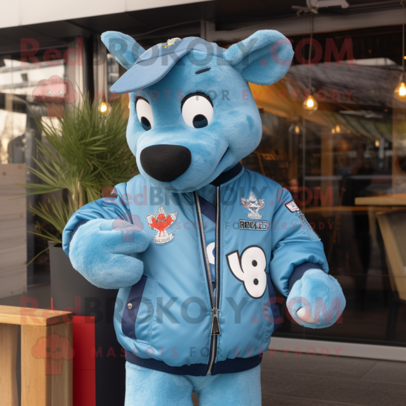 Sky Blue Goulash mascot costume character dressed with a Bomber Jacket and Cufflinks