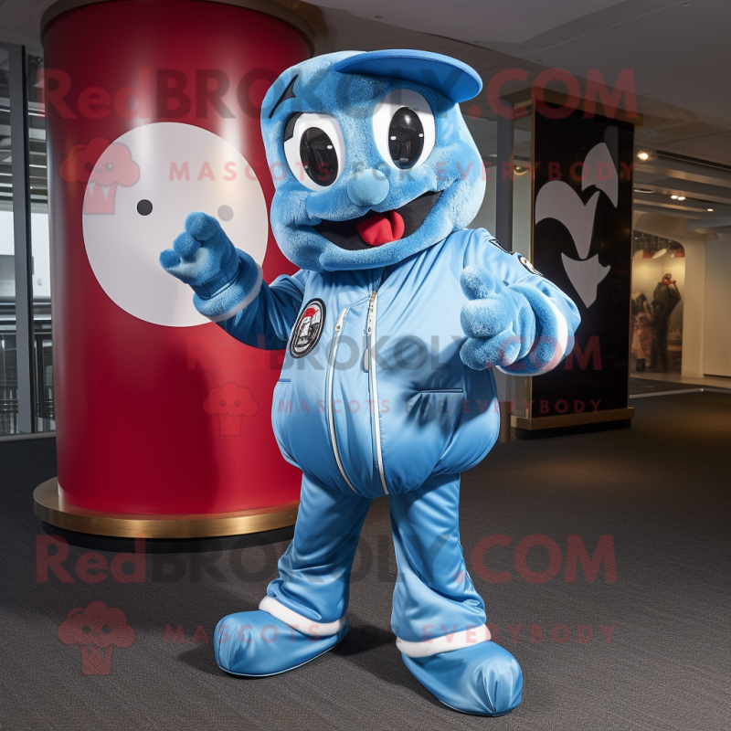 Sky Blue Goulash mascot costume character dressed with a Bomber Jacket and Cufflinks
