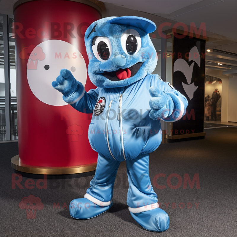 Sky Blue Goulash mascot costume character dressed with a Bomber Jacket and Cufflinks Sky Blue Goulash mascot costume character dressed with a Bomber Jacket and Cufflinks