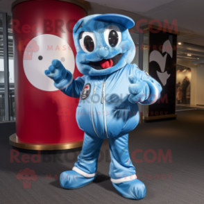 Sky Blue Goulash mascot costume character dressed with a Bomber Jacket and Cufflinks