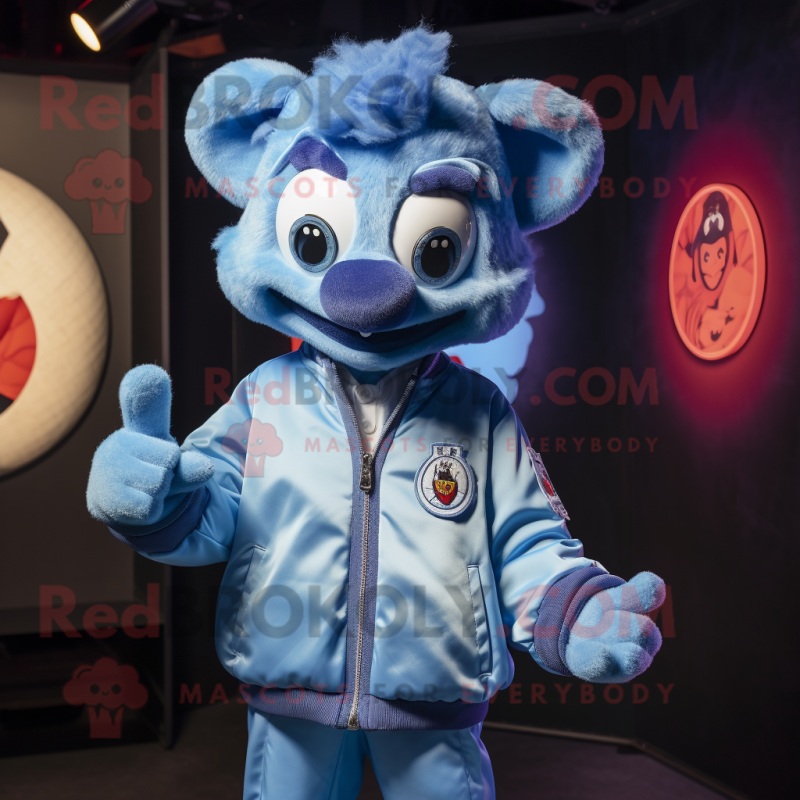 Sky Blue Goulash mascot costume character dressed with a Bomber Jacket and Cufflinks