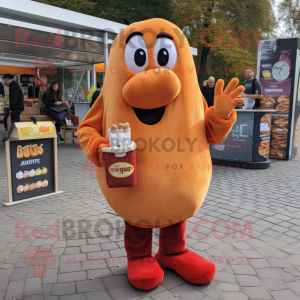 Peach Currywurst mascot costume character dressed with a Sweatshirt and Wallets