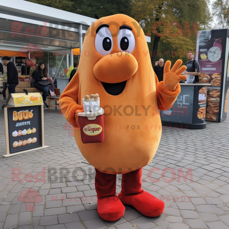 Peach Currywurst mascot costume character dressed with a Sweatshirt and Wallets Peach Currywurst mascot costume character dressed with a Sweatshirt and Wallets