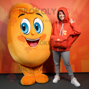Peach Currywurst mascot costume character dressed with a Sweatshirt and Wallets