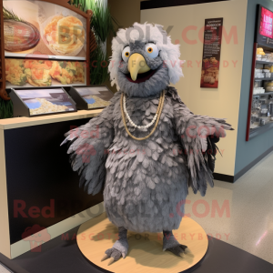 Gray Chicken Parmesan mascot costume character dressed with a Wrap Dress and Necklaces