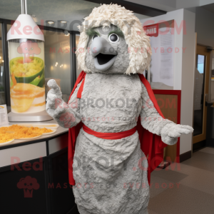 Gray Chicken Parmesan mascot costume character dressed with a Wrap Dress and Necklaces