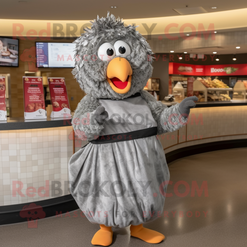 Gray Chicken Parmesan mascot costume character dressed with a Wrap Dress and Necklaces