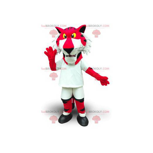 Mascote tigre vermelho e branco com olhos amarelos -