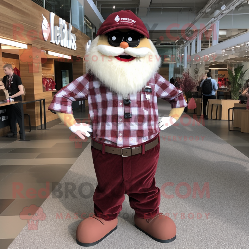 Maroon Meatballs mascot costume character dressed with a Flannel Shirt and Bow ties Maroon Meatballs mascot costume character dressed with a Flannel Shirt and Bow ties