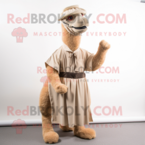 Beige Camel mascot costume character dressed with a Pleated Skirt and Ties