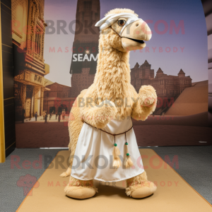 Beige Camel mascot costume character dressed with a Pleated Skirt and Ties