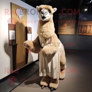 Beige Camel mascot costume character dressed with a Pleated Skirt and Ties