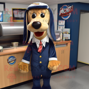Navy Hot Dogs mascot costume character dressed with a Suit Jacket and Hair clips