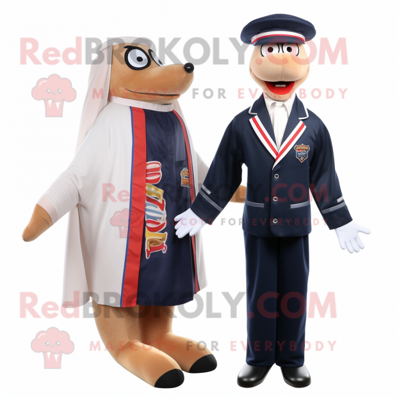 Navy Hot Dogs mascot costume character dressed with a Suit Jacket and Hair clips