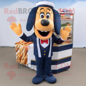 Navy Hot Dogs mascot costume character dressed with a Suit Jacket and Hair clips