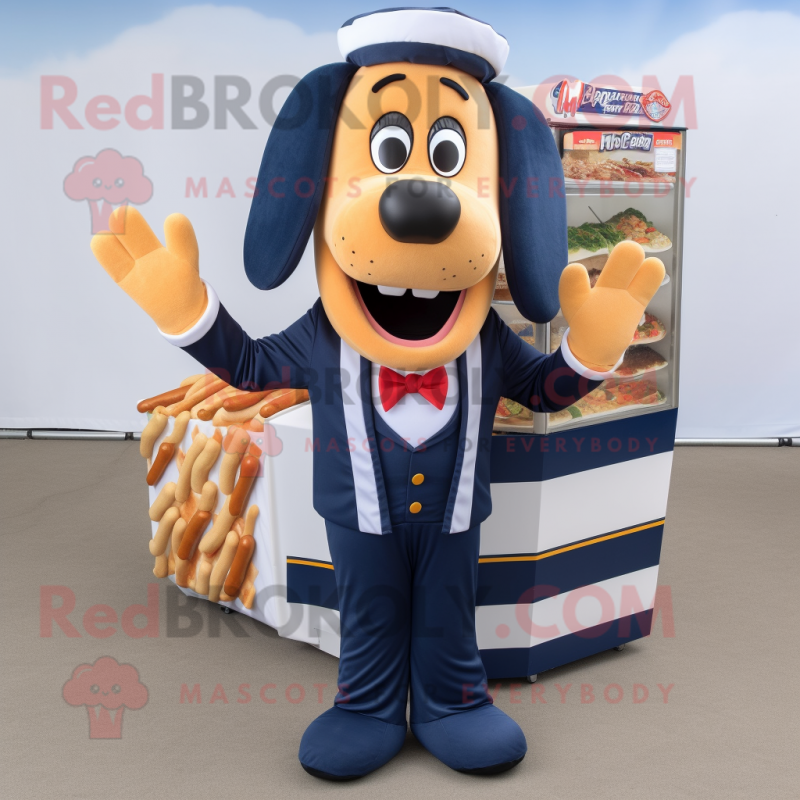 Navy Hot Dogs mascot costume character dressed with a Suit Jacket and Hair clips Navy Hot Dogs mascot costume character dressed with a Suit Jacket and Hair clips