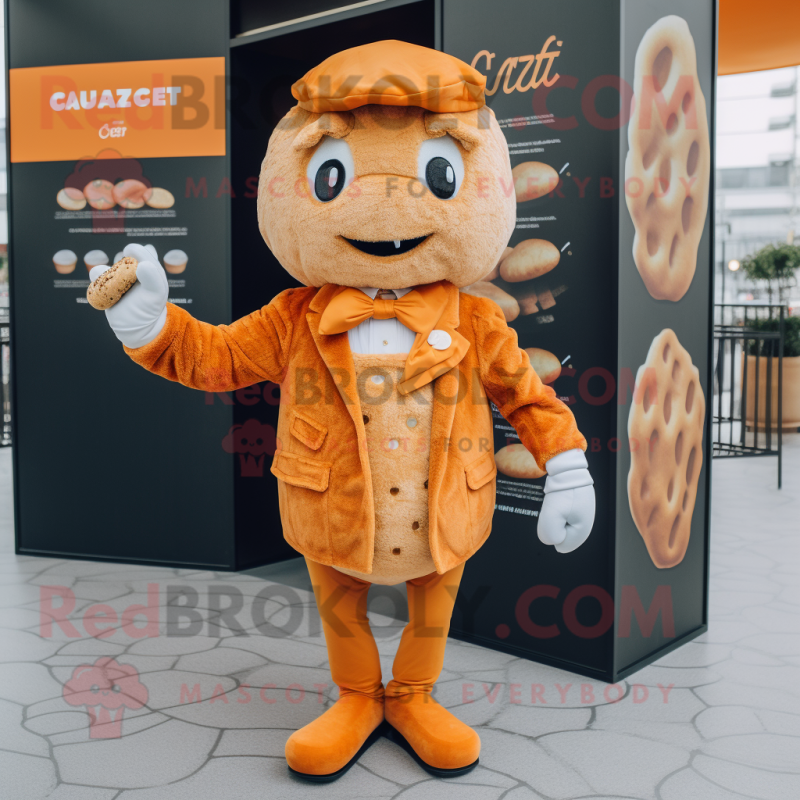 Orange Croissant mascot costume character dressed with a Suit and Lapel pins